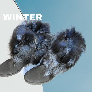 Black Suede and Genuine Blue and Black Fox Bootie